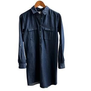 LOFT Dress Womans Small Dark Blue Chambray Roll Tab Sleeves Cotton Silk Blend